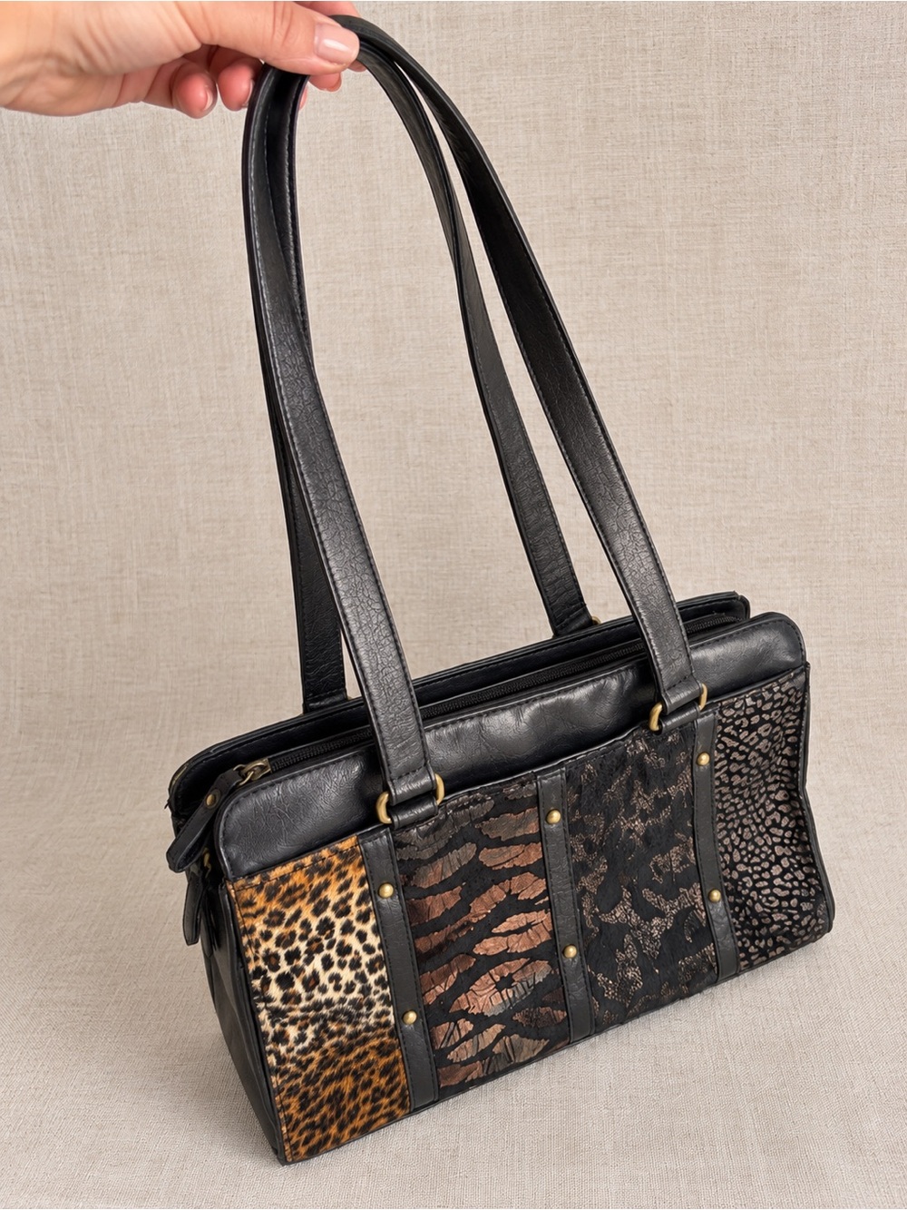 Vintage Y2K Maggie Barnes Animal Print Shoulder Bag Faux Fur Black - Picture 3 of 9
